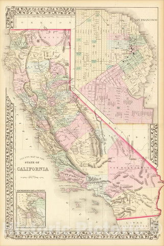 Historic Map : County Map of the State of California (San Francisco Inset), 1874, Samuel Augustus Mitchell Jr., Vintage Wall Art