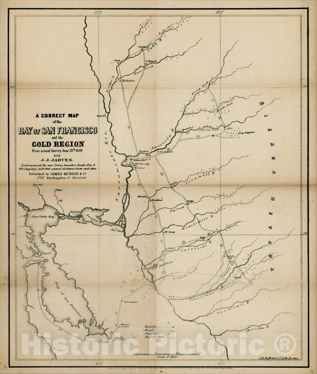 Historic Map : A Correct Map of the Bay of San Francisco and the Gold Region, 1849, James Jackson Jarves, Vintage Wall Art