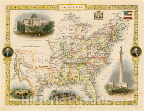 Historic Map : United States Including Texas, 1848, John Tallis, v2, Vintage Wall Art