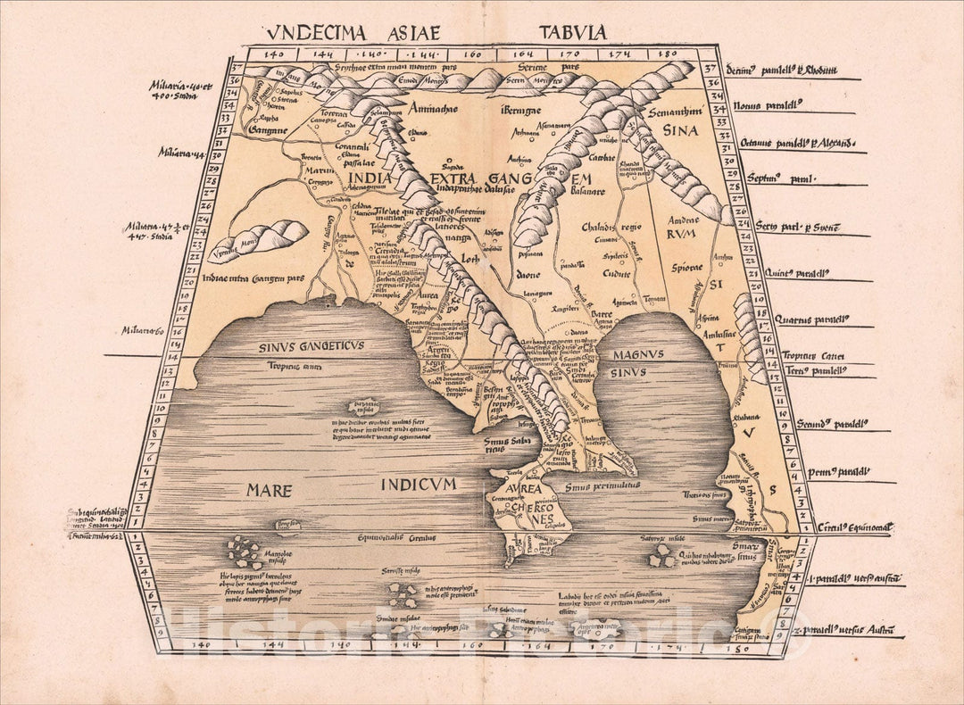 Historic Map : Undecima Asiae Tabula (Southeast Asia, China and India), 1513, Martin Waldseemüller, Vintage Wall Art