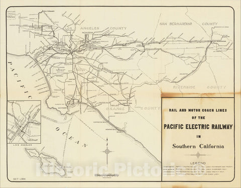 Historic Map : Rail and Motor Coach Lines of the Pacific Electric Railway in Southern California, 1944, Pacific Electric Railway, Vintage Wall Art