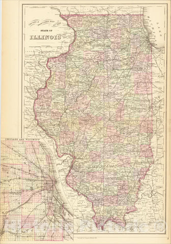 Historic Map : County and Township Map Of The State Of Illinois (Chicago Inset), 1881, Samuel Augustus Mitchell Jr., Vintage Wall Art