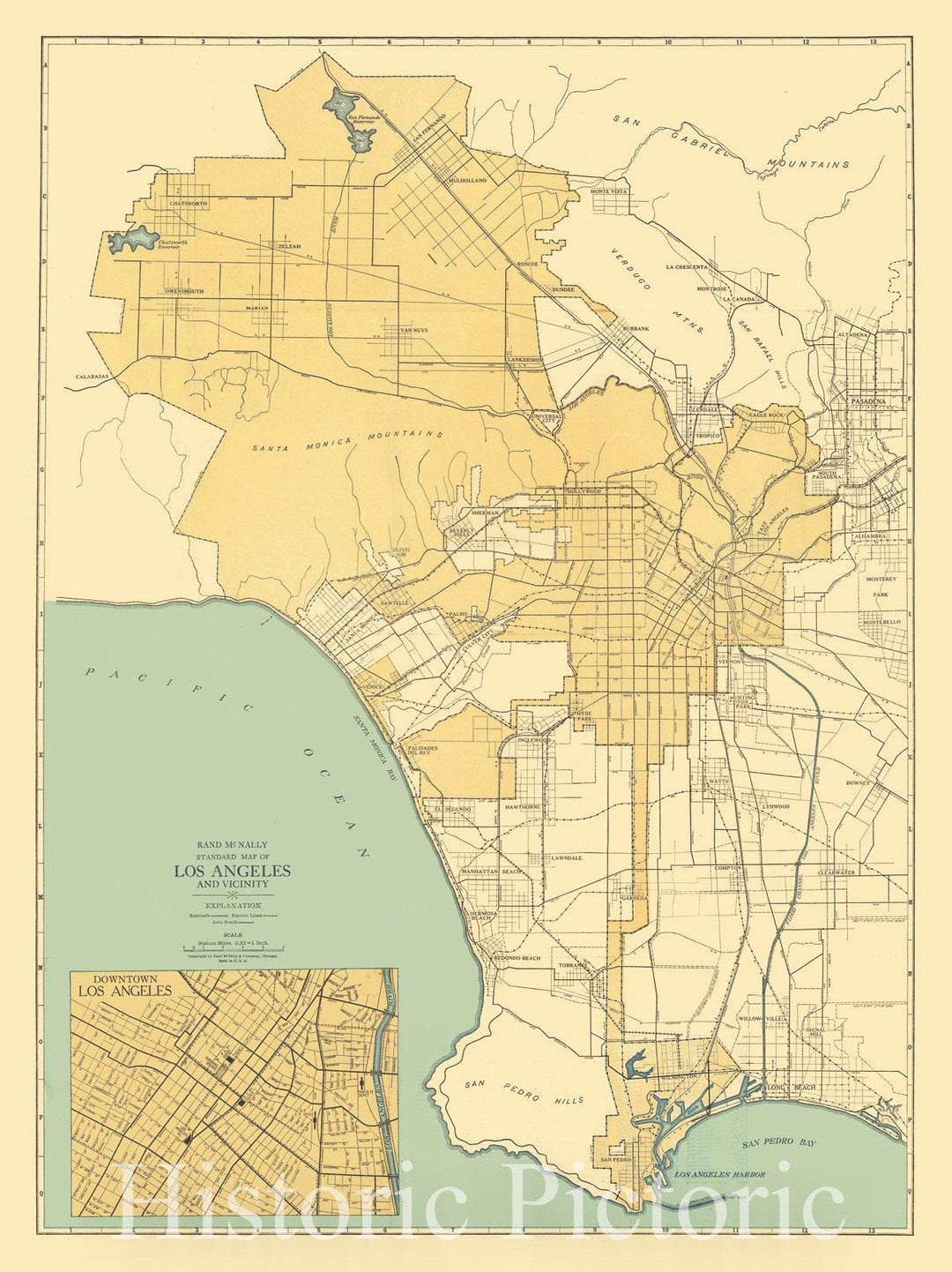 Historic Map : Standard Map of Los Angeles and Vicinity (with Rand McNally Los Angeles Guide To Places of Interest in the City and Environs, 1927, Vintage Wall Art