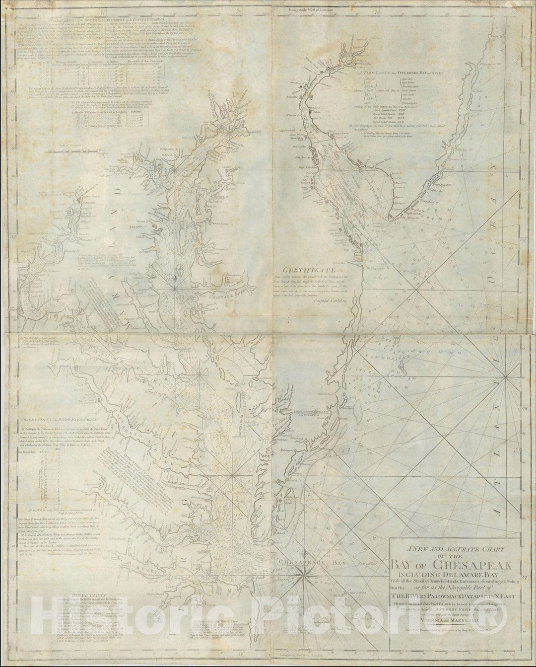 Historic Map : A New and Accurate Chart of the Bay of Chesapeak Including Delaware Bay With all the Shoals, Channels, Islands, Entrances, Soundings, 1799, Vintage Wall Art
