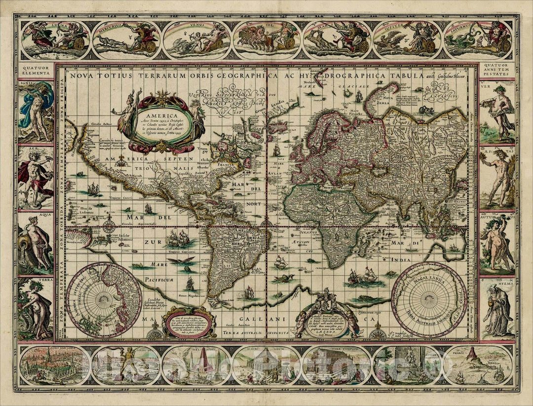 Historic Map : Nova Totius Terrarum Orbis Geographica Ac Hydrographica Tabula auct Guiljelmo Blaeuw, 1630, Willem Janszoon Blaeu, Vintage Wall Art