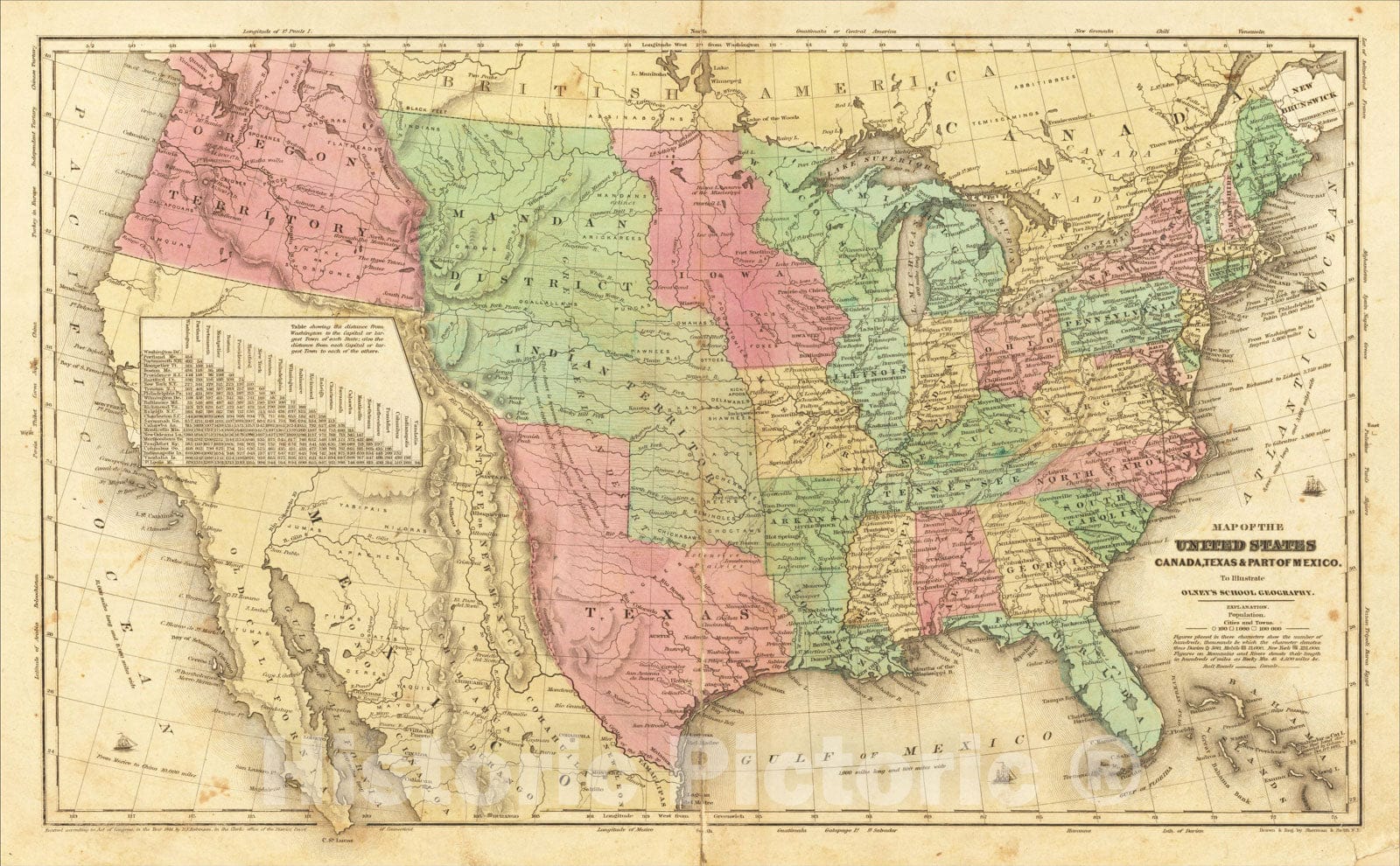 Historic Map : Map of the United States Canada, Texas and Part of Mexico, To Illustrate Olney's School Geography, 1844, Jesse Olney, Vintage Wall Art