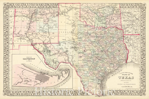 Historic Map : County Map of The State of Texas Showing also portions of the Adjoining States and Territories, 1873, Samuel Augustus Mitchell Jr., Vintage Wall Art