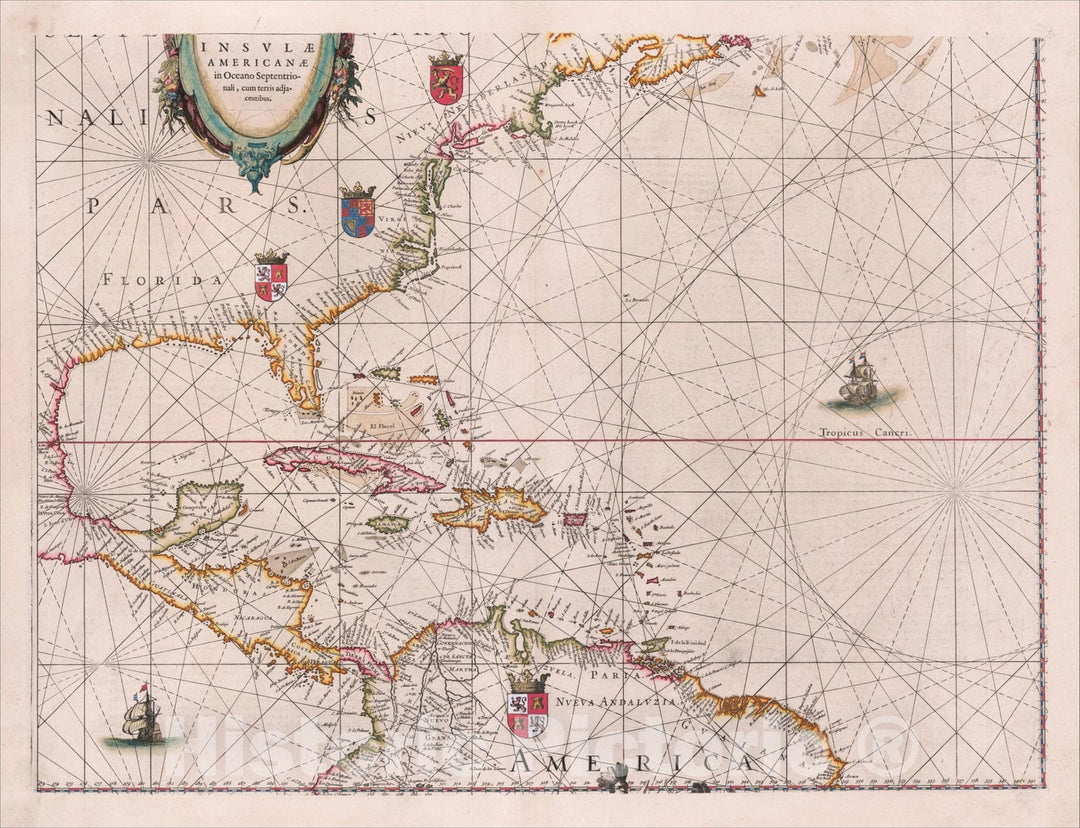 Historic Map : Insulae Americanae in Oceano Septentrionali, cum terris adjacentibus, 1634, Willem Janszoon Blaeu, Vintage Wall Art