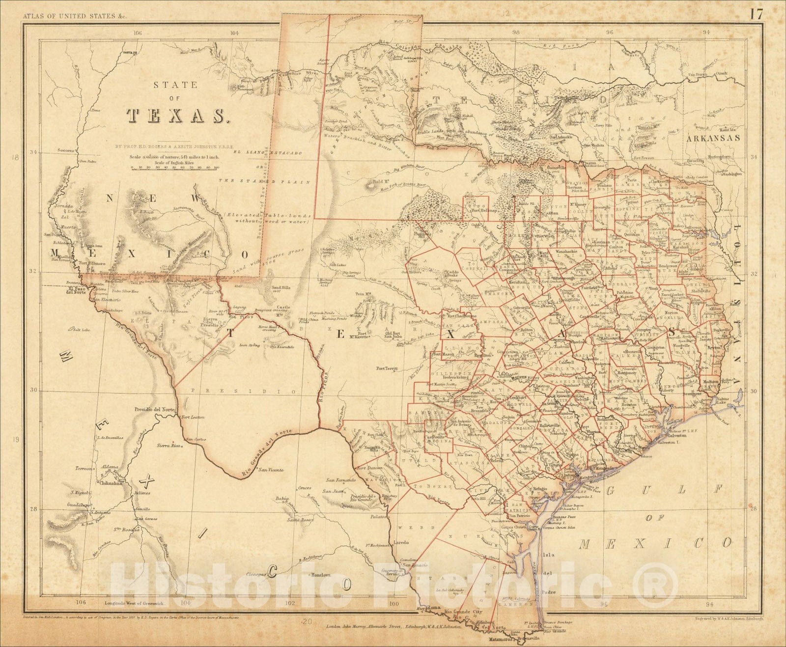 Historic Map : State of Texas, 1857, Henry Darwin Rogers, Vintage Wall Art