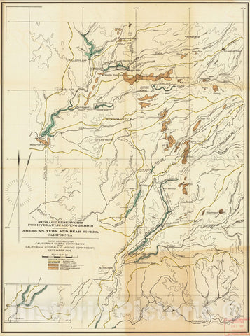 Historic Map : Storage Reservoirs For Hydraulic Mining Debris -- American, Yuba and Bear Rivers, California, 1927, California State Printing Office, Vintage Wall Art