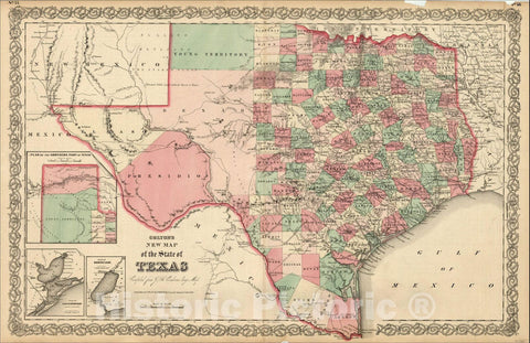 Historic Map : Colton's New Map of the State of Texas, 1865, G.W. & C.B. Colton, Vintage Wall Art