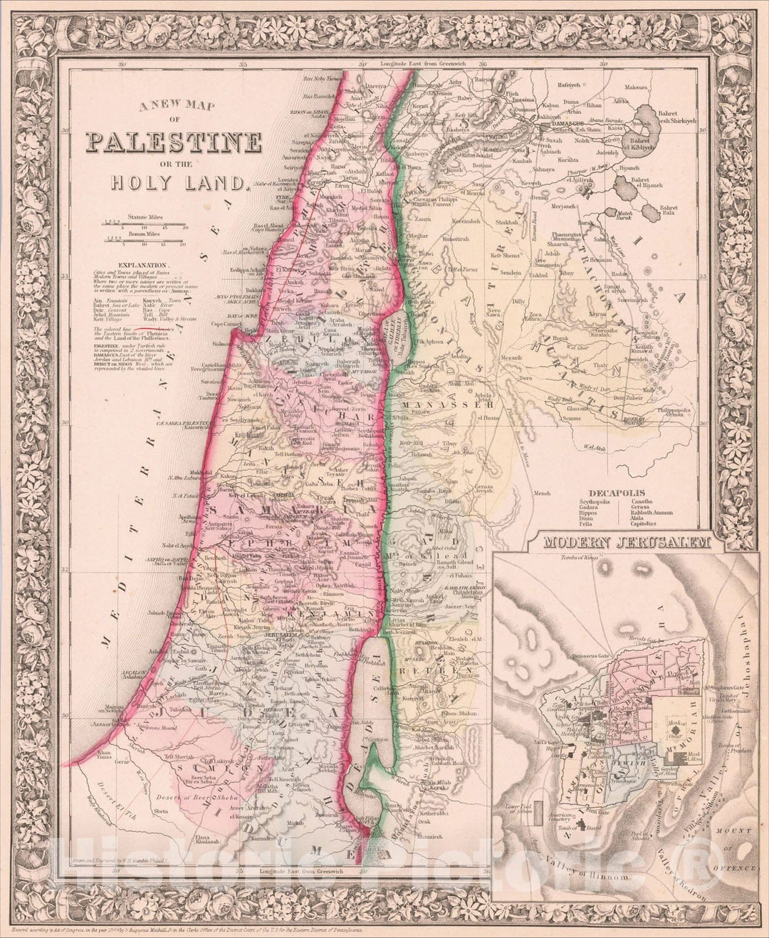 Historic Map : A New Map of Palestine or the Holy Land, 1888, Samuel Augustus Mitchell Jr., Vintage Wall Art