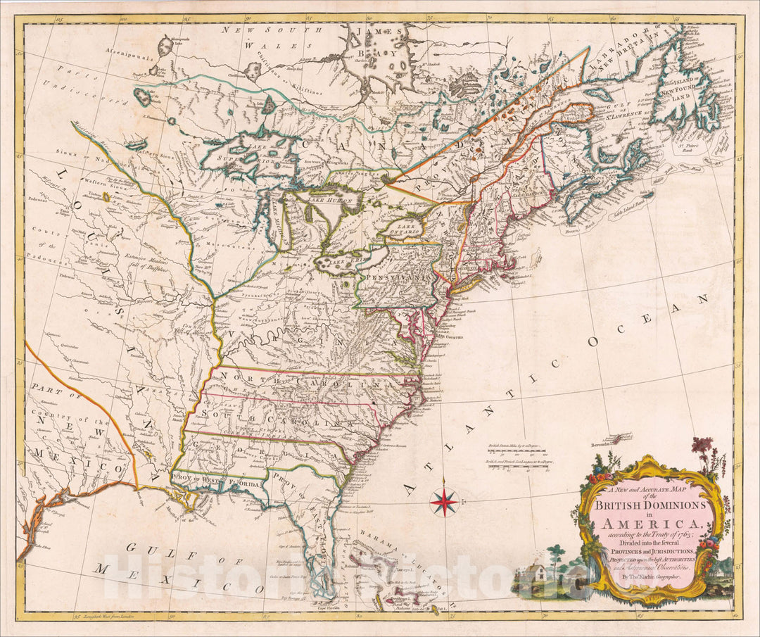 Historic Map : A New and Accurate Map of the British Dominions in America, according to the Treaty of 1763, 1765, Thomas Kitchin, Vintage Wall Art