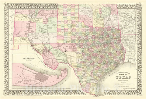 Historic Map : County Map of The State of Texas Showing also portions of the Adjoining States and Territories, 1881, Samuel Augustus Mitchell Jr., Vintage Wall Art