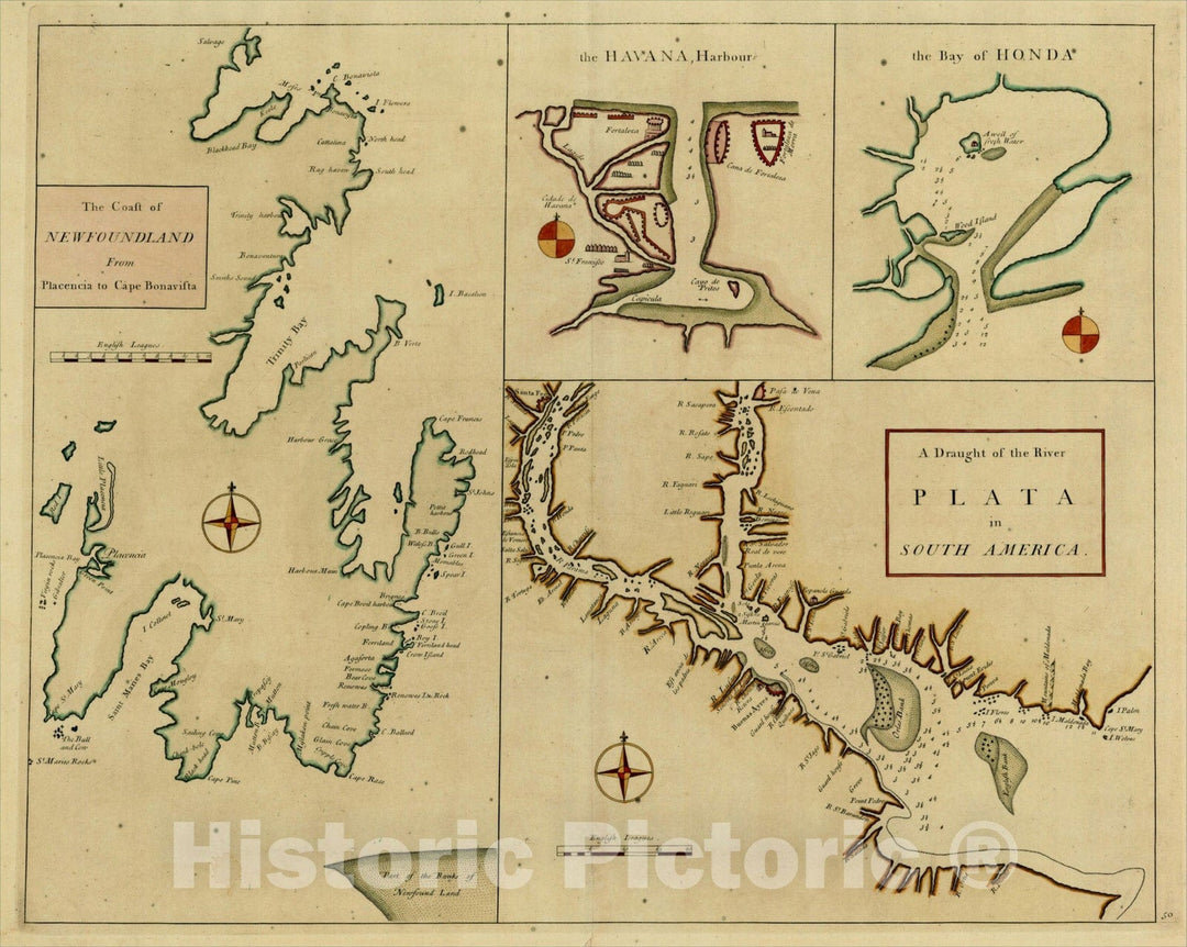 Historic Map : The Coast of Newfoundland From Placencia to Cape Bonavista (with insets of Havana Harbor, The Mouth of the Rio De La Plata and Honda Bay), 1728, Vintage Wall Art