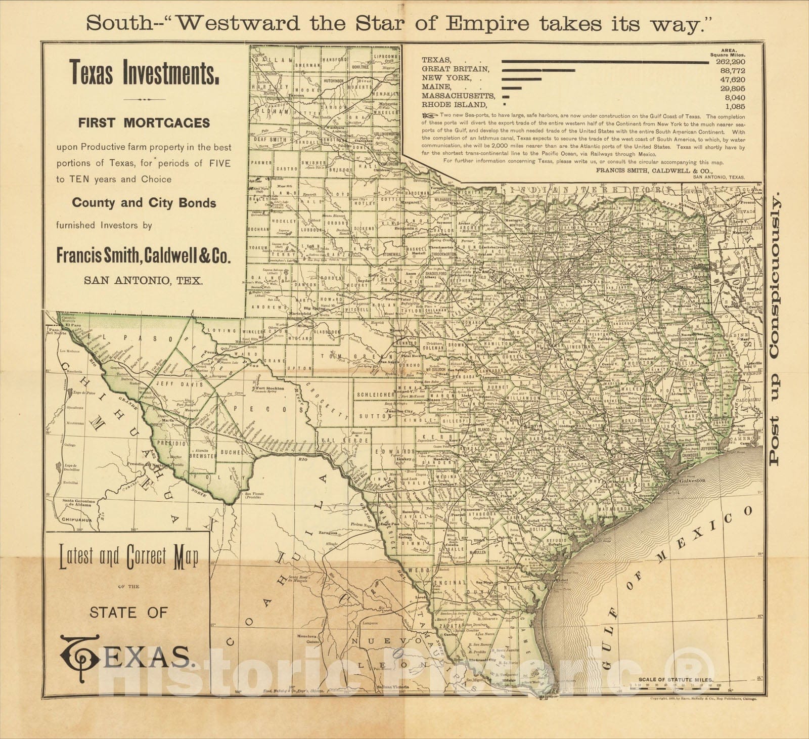 Historic Map : Latest and Correct Map of the State of Texas., 1889, Francis Smith, Caldwell & Co., Vintage Wall Art