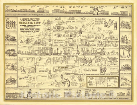 Historic Map : A Bird's Eye View of the Central Portion of Virginia City Storey County, Nevada Showing Saloon, Churches, Gambling Halls, Schools, 1954, , Vintage Wall Art