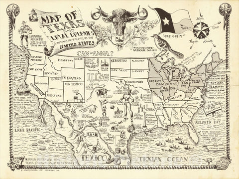 Historic Map : Map of Texas and Loyal Colonies Sometimes Referred To As The United States, c1951, Jones, Vintage Wall Art