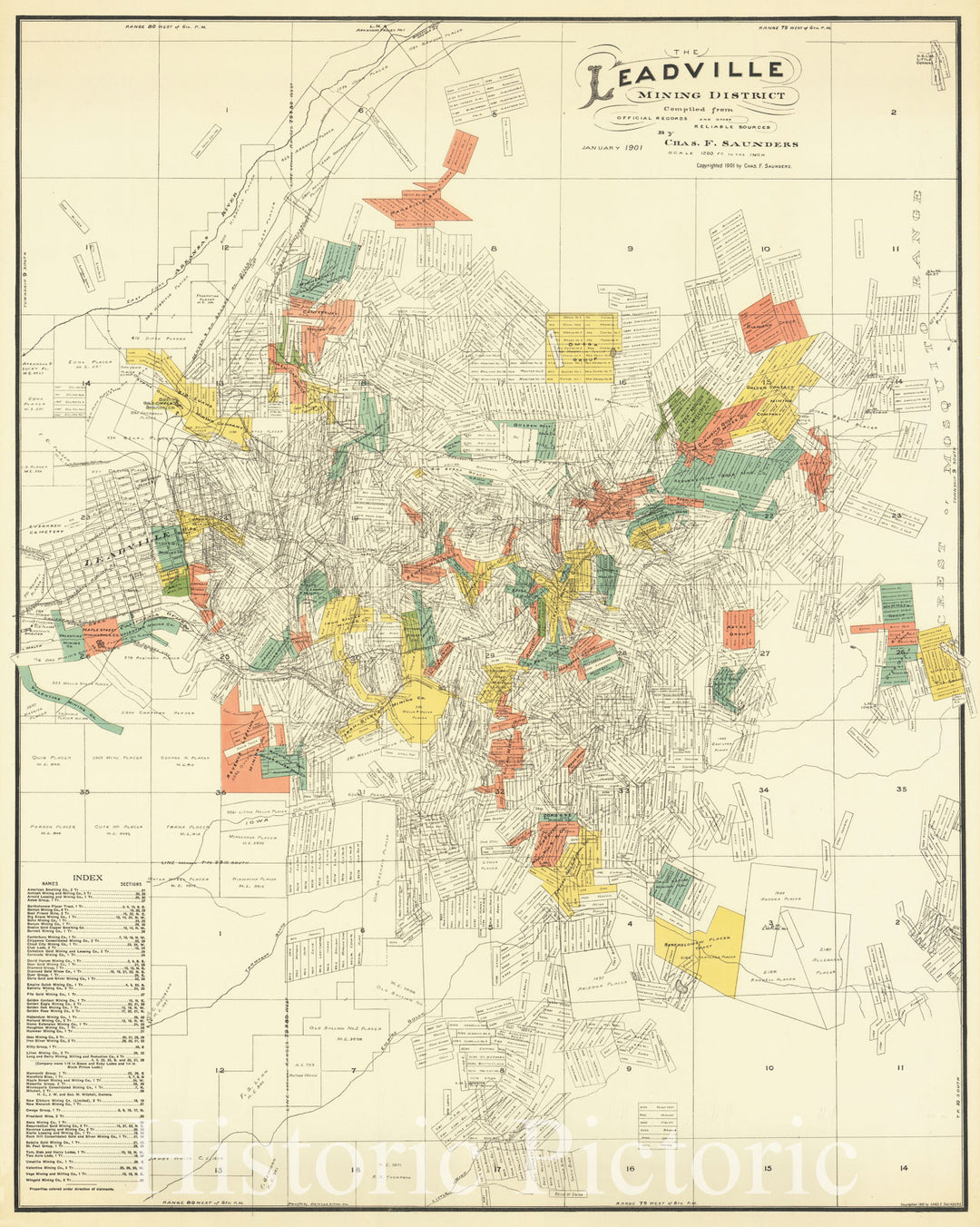 Historic Map : The Leadville Mining District Compiled from Official Records and other Reliable Sources By Chas. F. Saunders January 1901, 1901, v3, Vintage Wall Art