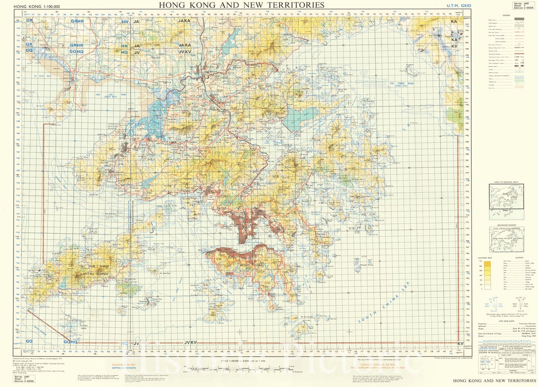 Historic Map : Hong Kong and New Territories, 1970, U.K. Ministry of Defence, Vintage Wall Art
