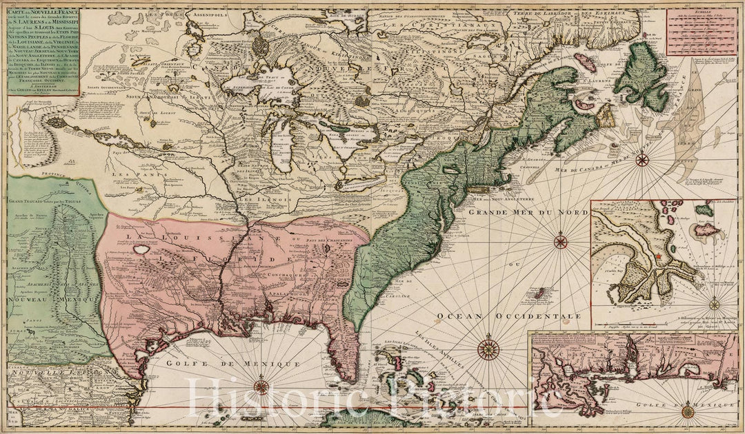 Historic Map : Carte de la Nouvelle France ou se Voit le Cours des Grandes Rivieres, c1720, , Vintage Wall Art