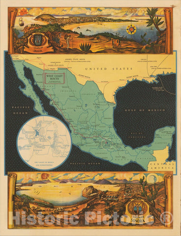 Historic Map : West Coast Route Via Southern Pacific and National Railways of Mexico, c1935, Southern Pacific Railroad Company, Vintage Wall Art