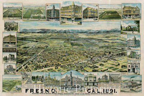 Historic Map : Fresno, Cal. 1891. Bird's-Eye View of Fresno, Fresno County, California. The center of the Raisin industries of the United States., 1891, Vintage Wall Art