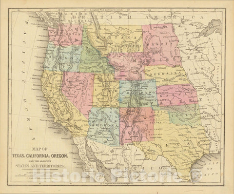 Historic Map : Map of Texas, California, Oregon and the Adjacent States and Territories, c1865, Anonymous, Vintage Wall Art