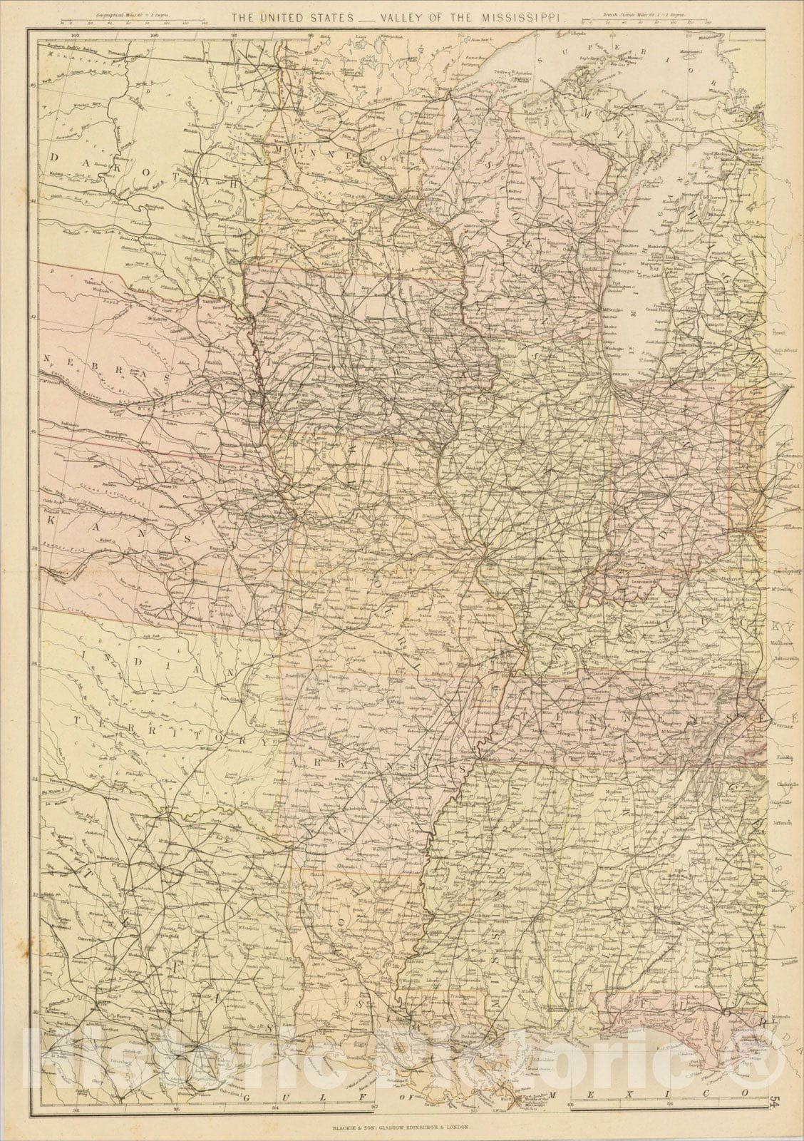 Historic Map : The United States--Valley of The Mississippi, c1875, Blackie & Son, Vintage Wall Art
