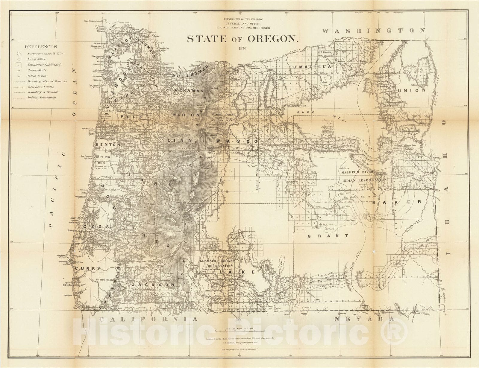Historic Map : State of Oregon. 1876, 1876, General Land Office, Vintage Wall Art