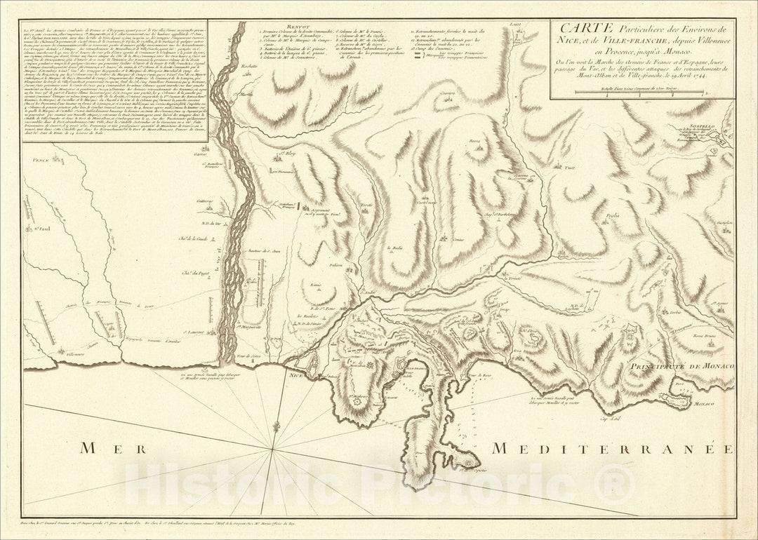 Historic Map : Nice, Beaulieu-sur-Mer, Monaco, Carte Particuliere des Environs de Nice, et de Ville-Franche, 1744, Vintage Wall Art