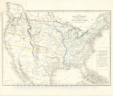 Historic Map : The United States and The Relative Position of The Oregon and Texas, 1845, 1845, James Wyld, Vintage Wall Art