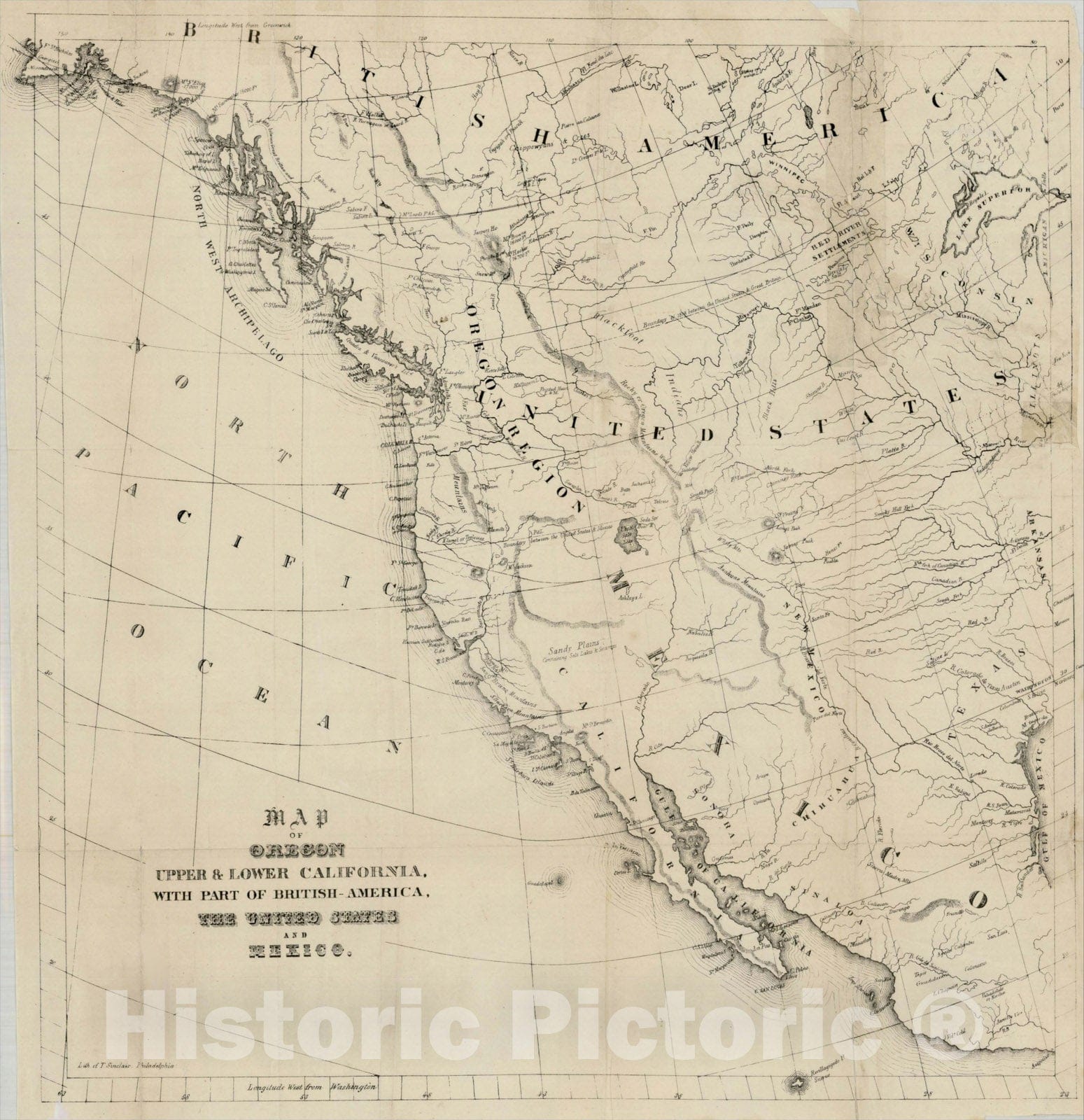Historic Map : Map of Oregon Upper & Lower California, with part of British-America, The United States and Mexico., 1846, Thomas Sinclair, Vintage Wall Art