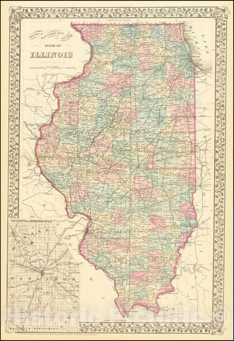Historic Map : County & Township Map Of The State Of Illinois (Chicago Inset), 1880, Samuel Augustus Mitchell Jr., Vintage Wall Art