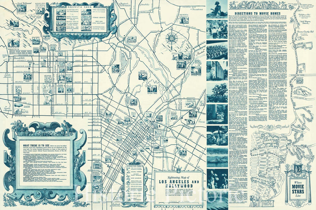 Historic Map : Sightseeing Map of Los Angeles and Hollywood, Where Movie Stars Live, 1937, The All-Year Club of Southern California, Vintage Wall Art