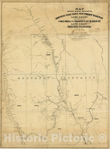 Historic Map : Map Showing Blocks Included in British Columbia Southern Railway Land Grant and portion of Columbia and Kootenay Railway, 1907, Vintage Wall Art