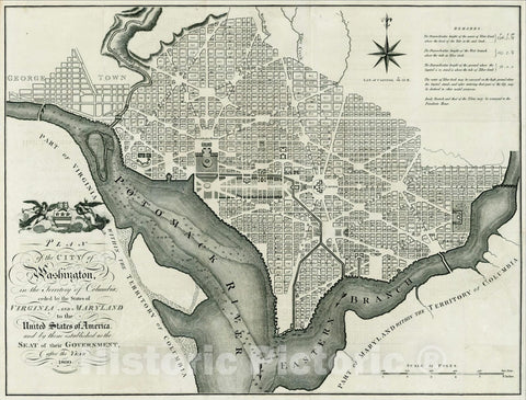 Historic Map : Plan of the City of Washington in the Territory of Columbia ceded by the States of Virginia and Maryland, 1795, John Russell, Vintage Wall Art