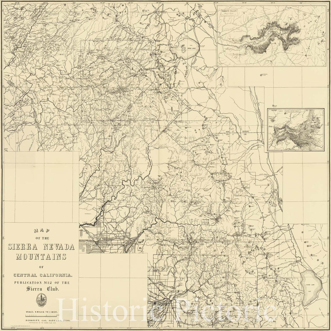 Historic Map : Map of the Sierra Nevada Mountains of Central California. Publication No. 12 of the Sierra Club, January 1896, 1896, Sierra Club, Vintage Wall Art