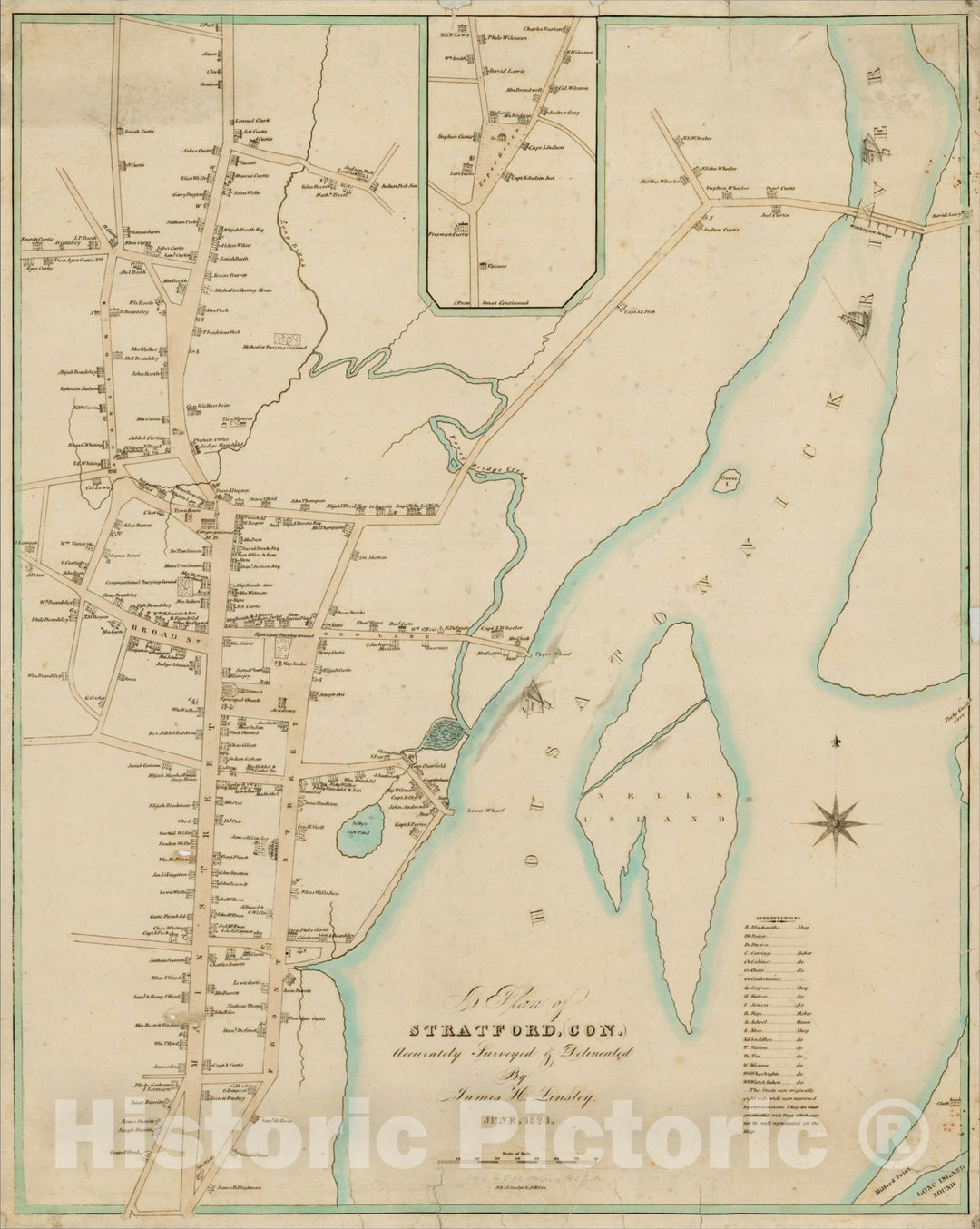Historic Map : A Plan of Stratford, Con. Accurately Surveyed & Delineated By James H. Linsley. June 1824., 1824, , Vintage Wall Art