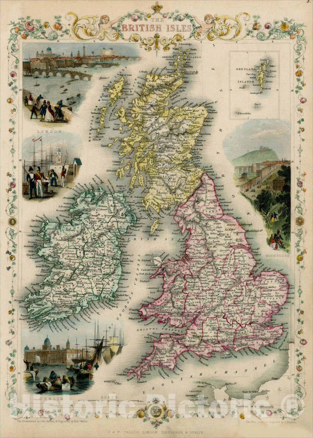 Historic Map : The British Isles, 1851, John Tallis, v1, Vintage Wall Art
