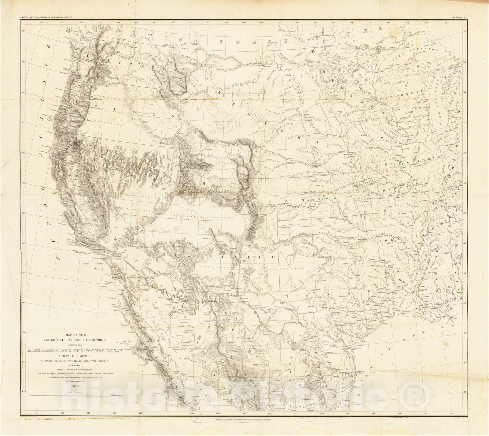 Historic Map : Map of the United States and Their Territories Between the Mississippi and the Pacific Ocean and Part of Mexico, W.H. Emory, 1857-8., 1858, v2, Vintage Wall Art