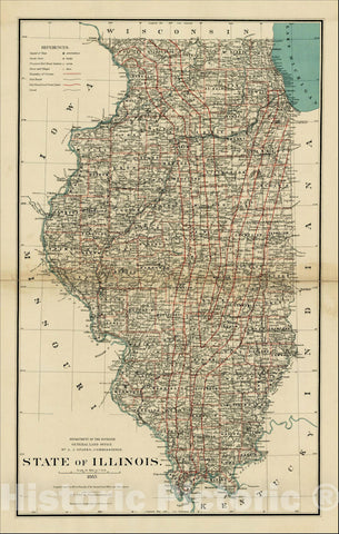 Historic Map : State of Illinois, 1885., 1885, U.S. General Land Office, Vintage Wall Art