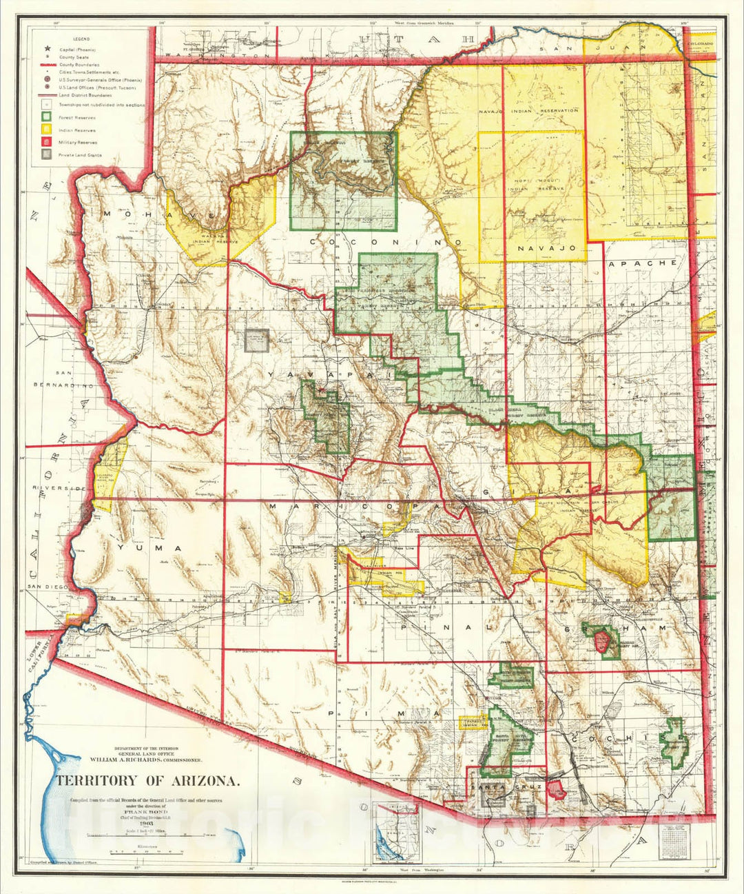 Historic Map : Territory of Arizona . . .1905, 1896, General Land Office, Vintage Wall Art