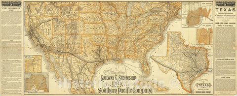 Historic Map : Correct Map of the Railway & Steamship Lines Operated by the Southern Pacific Company, 1893, Poole Brothers, Vintage Wall Art