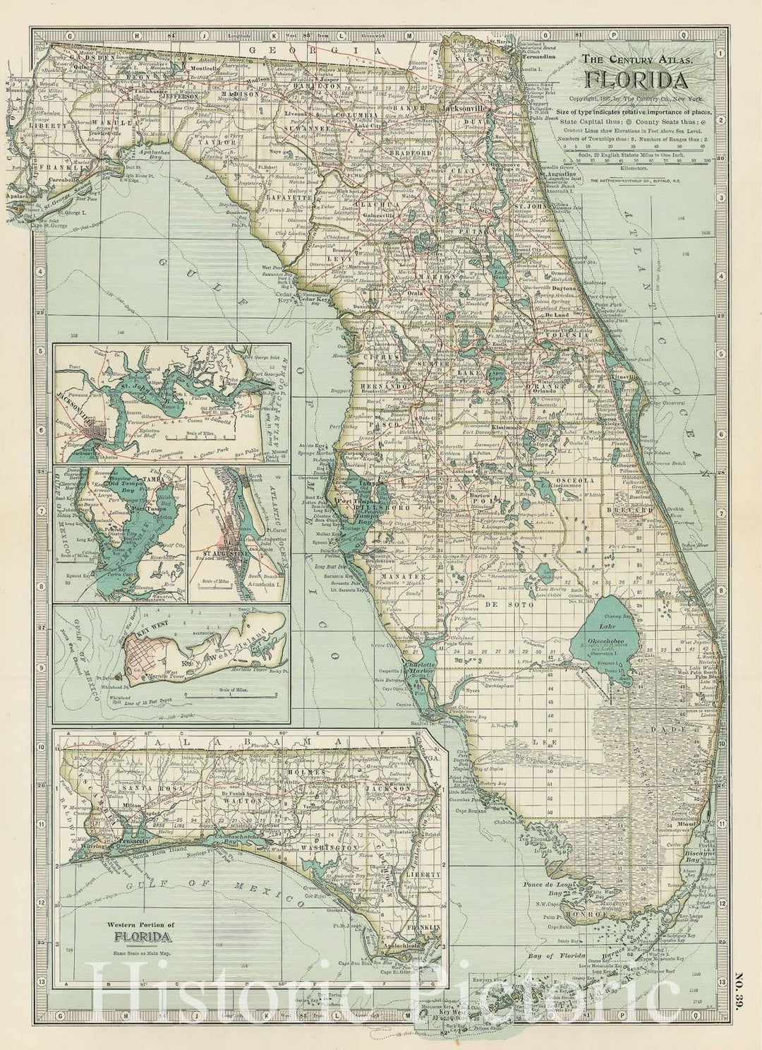 Historic Map : Florida, 1897, The Century Company, Vintage Wall Art