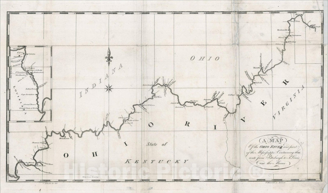Historic Map : A Map of the Ohio River and part of the Mississippi, Containing the route from Pittsburg to S. Louis, and the Mines, 1810, Peter Maverick, Vintage Wall Art