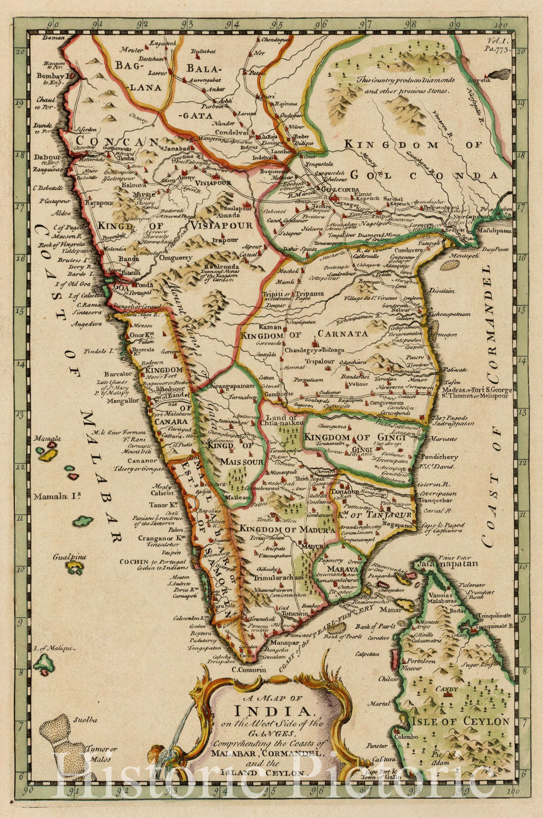 Historic Map : A Map of India on the West Side of the Ganges, Comprehending the Coasts of Malabar, Cormandel and the Island of Ceylon, 1744, Emanuel Bowen, Vintage Wall Art