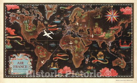 Historic Map : Pictorial Map of The World for Air France, Lucien Boucher, 1947, Vintage Wall Art