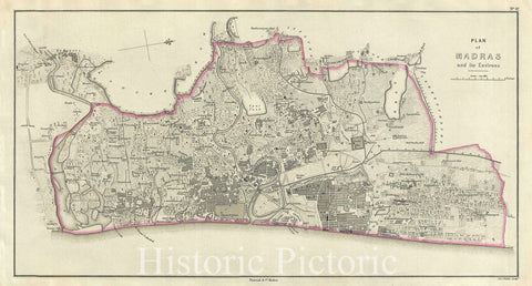 Historic Map : Plan of The City of Madras or Chennai, India, Pharoah, 1854, Vintage Wall Art