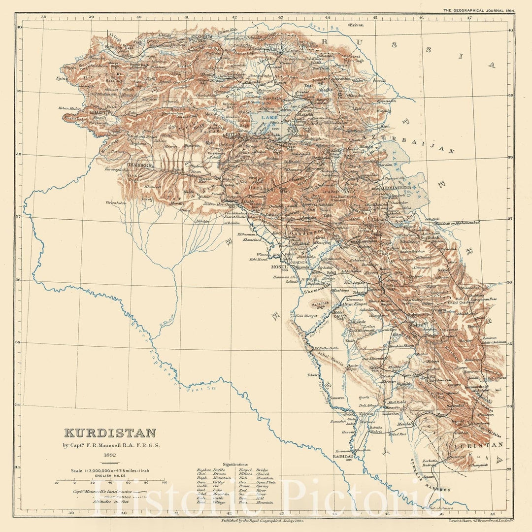 Historic Map : Kurdistan, F. R. Maunsell, 1894, Vintage Wall Art